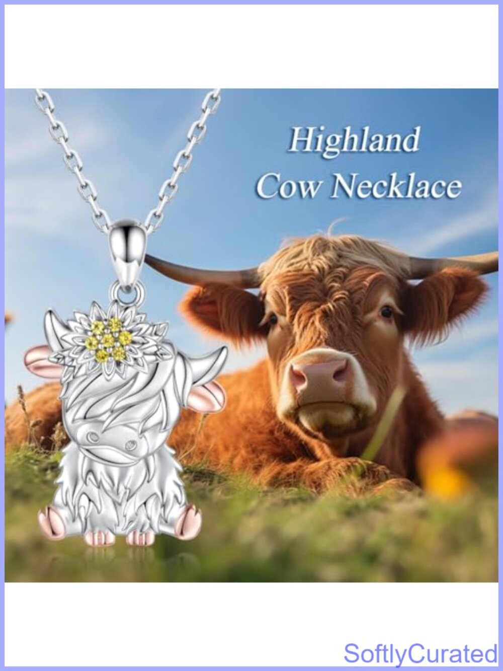 Sterling Silver Highland Cow Necklace CZ Sunflower Pendant 18+2in Adjustable - Picture 4 of 6